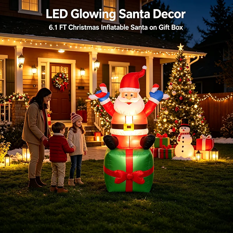 6.1FT Christmas Inflatable Santa Claus Decoration LED Blow Up Santa Sitting on Gift Box with Candy Cane & Present Sack Includes Heavy-Duty Stakes & Adapter for Outdoor Yard Garden Lawn Fast Shipping