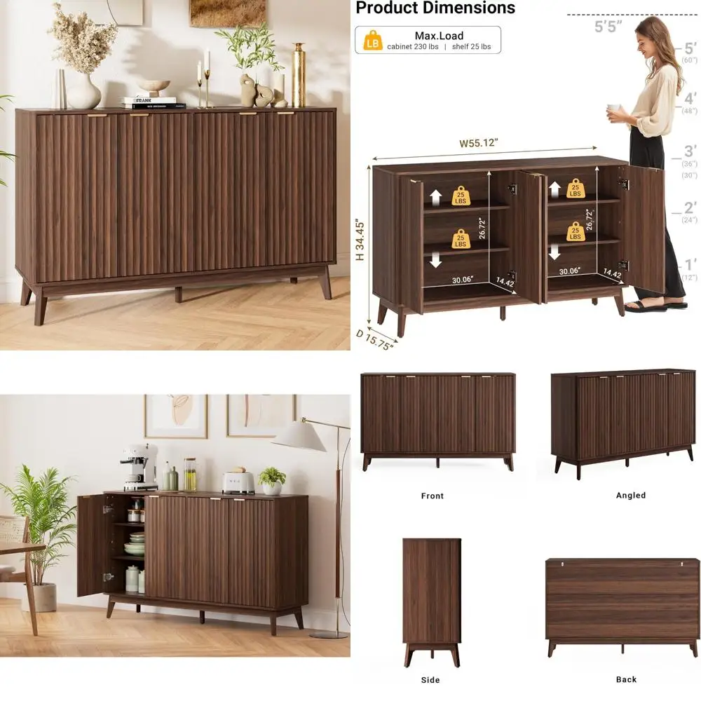 large walnut sideboard with fluted design and storage, ideal for living room, entryway, and dining area