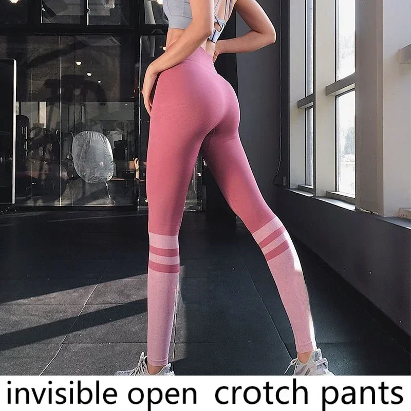 Open-Crotch Pants High Waist Hip Lift Peach Women\'s Fitness Sports Pants Color Matching Yoga Pants with Double-Headed Leggins