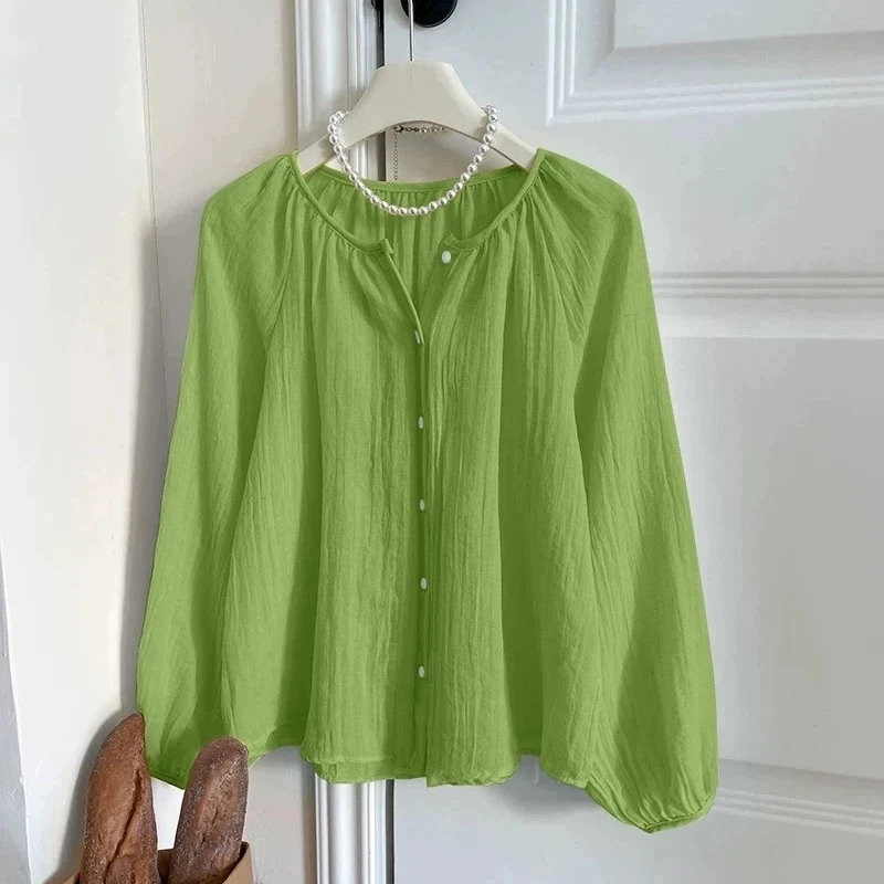 

Retro Vacation Style Ice Silk Sun Protection Shirt Women Summer 2026 Lantern Sleeve Outerwear Air Conditioning plus Size Open...