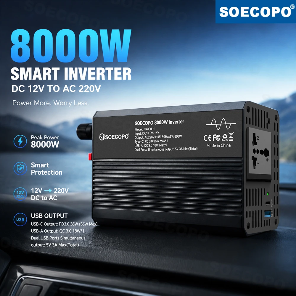 Intelligent Cooling SOECOPO 8000W Inverter DC12V AC220V Voltage Transformer Fast Charg QC PD USB Ports for Vehicle Power Supply