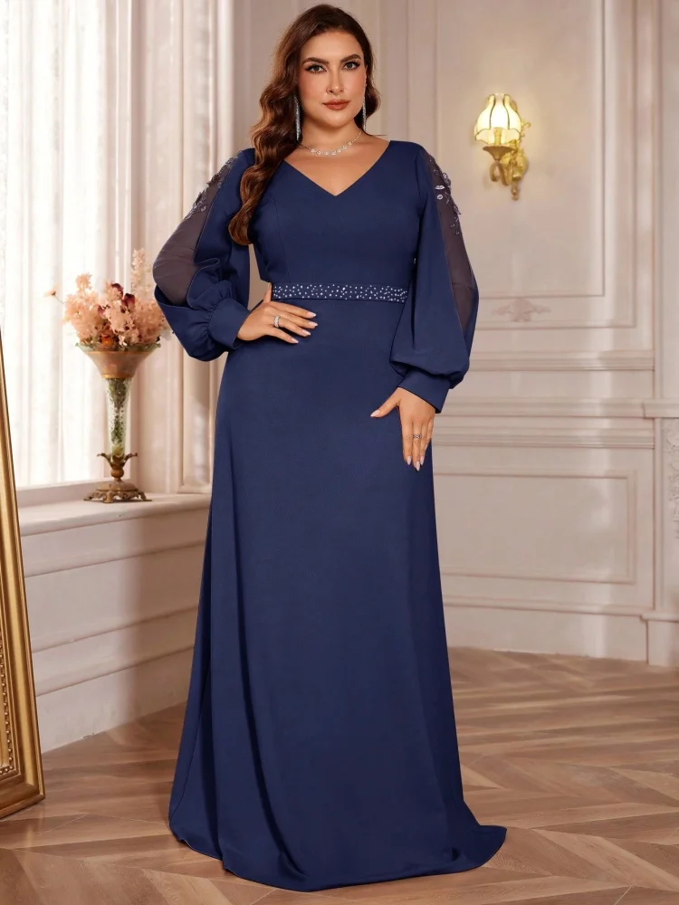 Plus Size Luxury V-Neck Blue Long Sleeves Applique Sequins Formal Evening Dresses Women V-back Wedding Party Maxi Cocktail Gowns