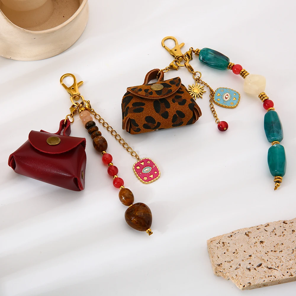 

Boho Style 18K Gold Plated Stainless Steel Evil Eye Acrylic beads Coin Purse Pendant Bag charms Keychain Charm Accessory