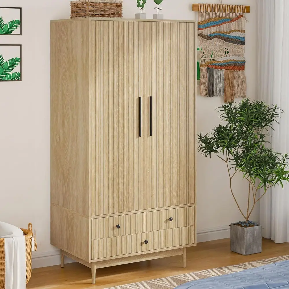 

Natural Wooden Armoire with Hanging Rod and Shelves, 3 Drawers, Freestanding Closet for Bedroom Storage