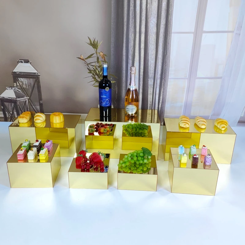 

Wholesale Gold Acrylic Mirror Display Stand Food Display Risers Set Wedding Party Catering Golden Food Display Cubes