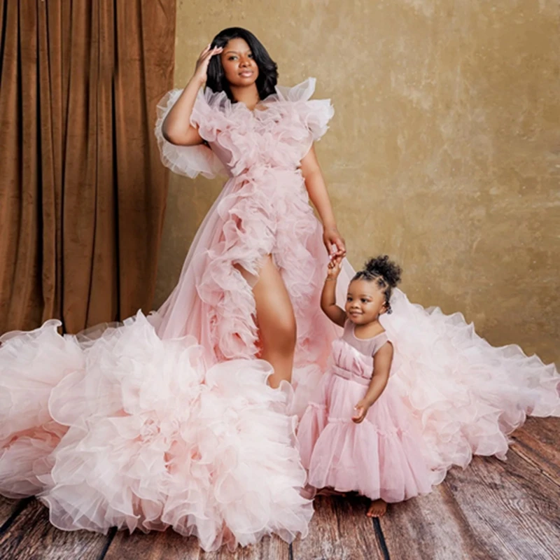 Mama i dzieci siateczkowe falbany suknie balowe ekstra bufiasta Organza linia sukienki na przyjęcie matki i córki tiulowa sukienka fotograficzna