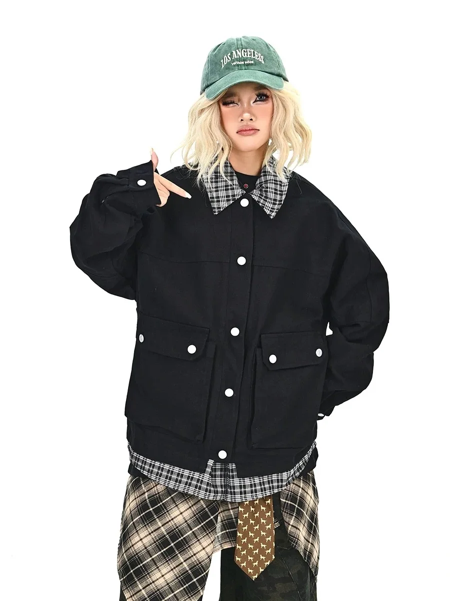 

Retro American Plaid Splicing Work Jaet Loose ex Spring Autumn Winter Outerwear for Couples Youth Polyester Fiber
