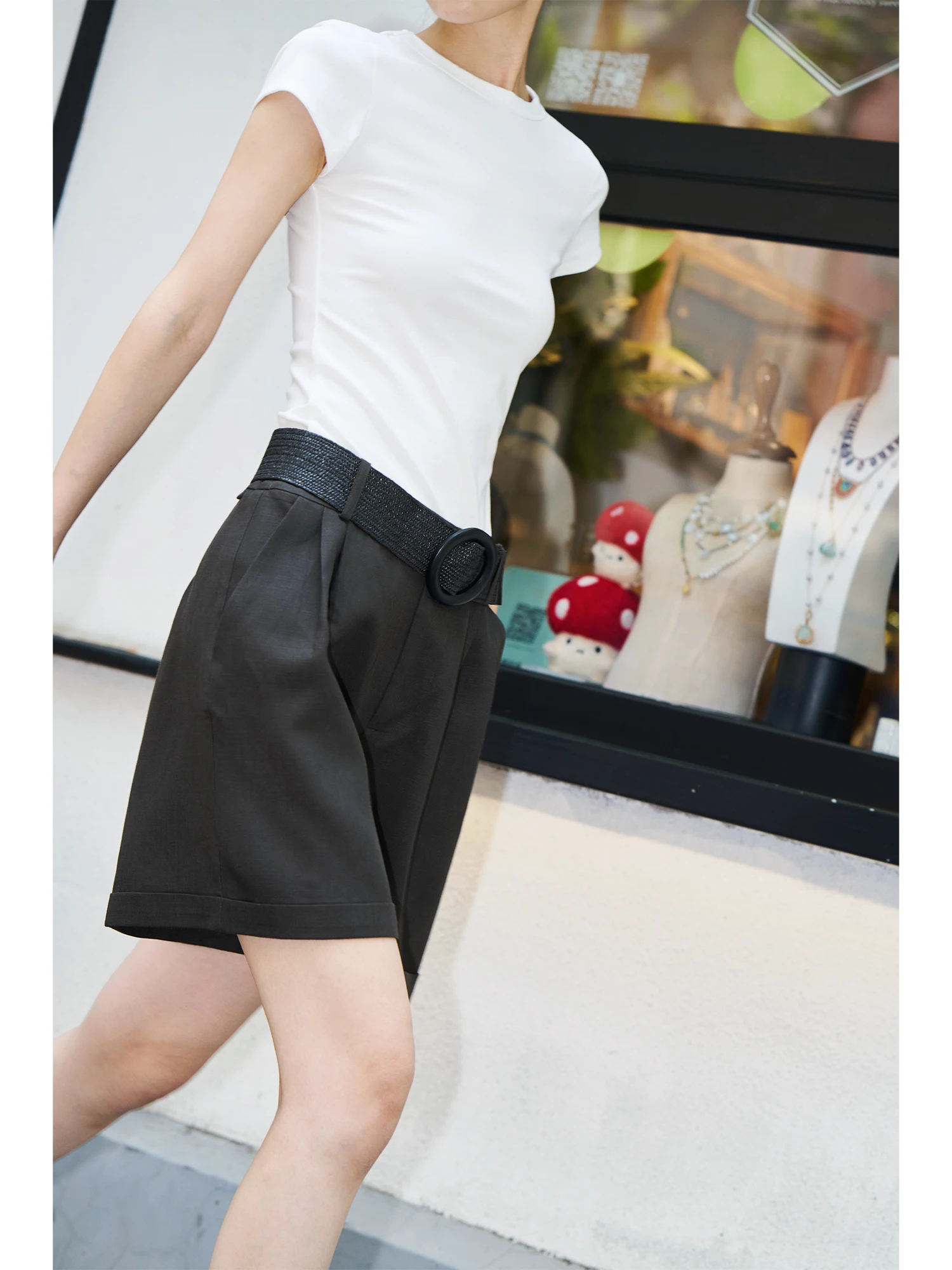Pantalones Cortos Bermuda de Cintura Alta y Pierna Ancha JessXu, Estilo Casual para el Trabajo, Pantalones Cortos de Lino Color Marrón Madera con Cinturón, Pantalones de Cintura Alta para Mujer