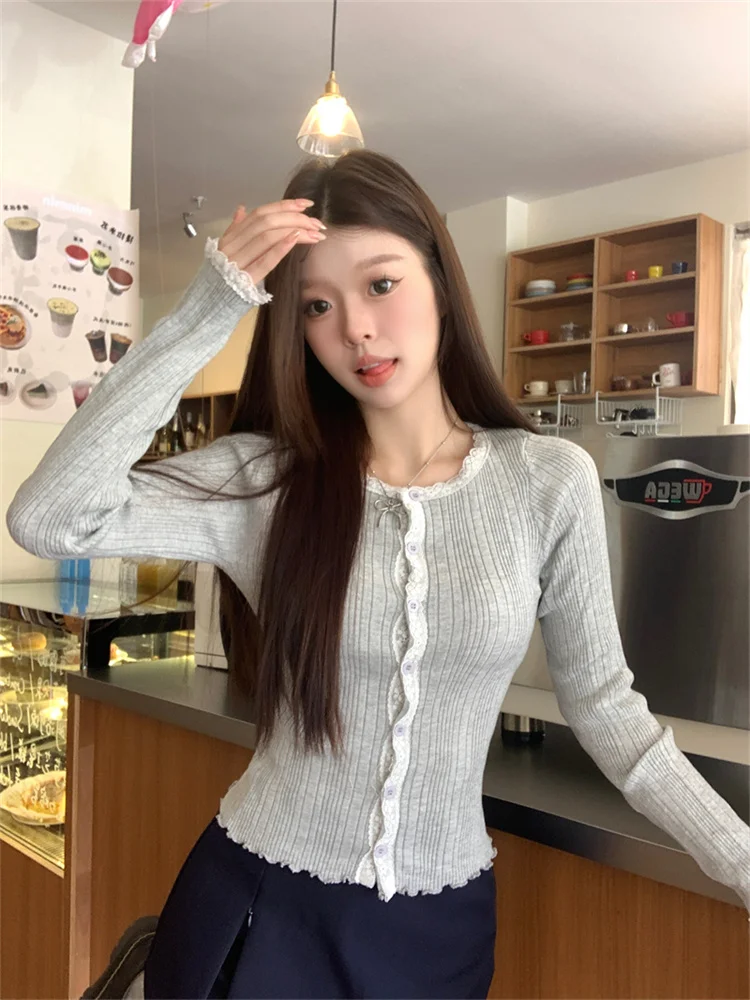 

Cute Women's Long Sleeve Knit Sweater 2025 Autumn New Round Neck Lace Trim Slim Cardigan Fkae Two Piece Basic Kawaii Jumpers