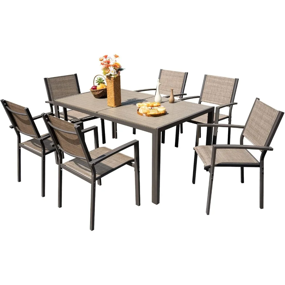 Patio Dining Set 7 Piece Outdoor Furniture with Rectangular Table and 6 Stackable Chairs Family Conversation Set