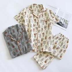 Summer Short-sleeved Trousers Couple Pajamas Cotton Double-layer Gauze Thin Loungewear Men and Women CARTOON Sleepwear Pj Set