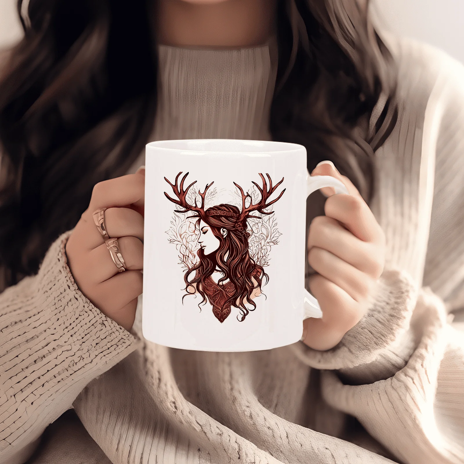 

Forest Spirit Ceramic Mug - Elegant Woman with Antlers Design, Perfect Gift for Coffee and Tea Lovers, Unique Novelty Present