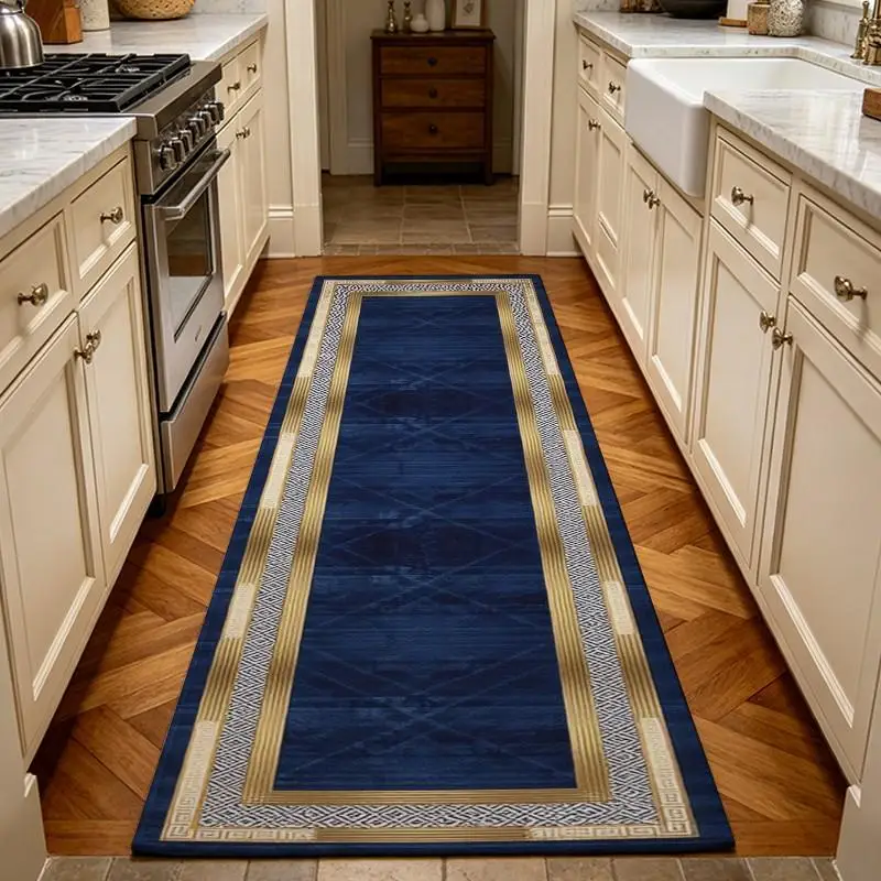 Noble Navy Blue Gold Border Carpet Flooring Luxury Classic Frame Area Rug for Dining Room Home Decor