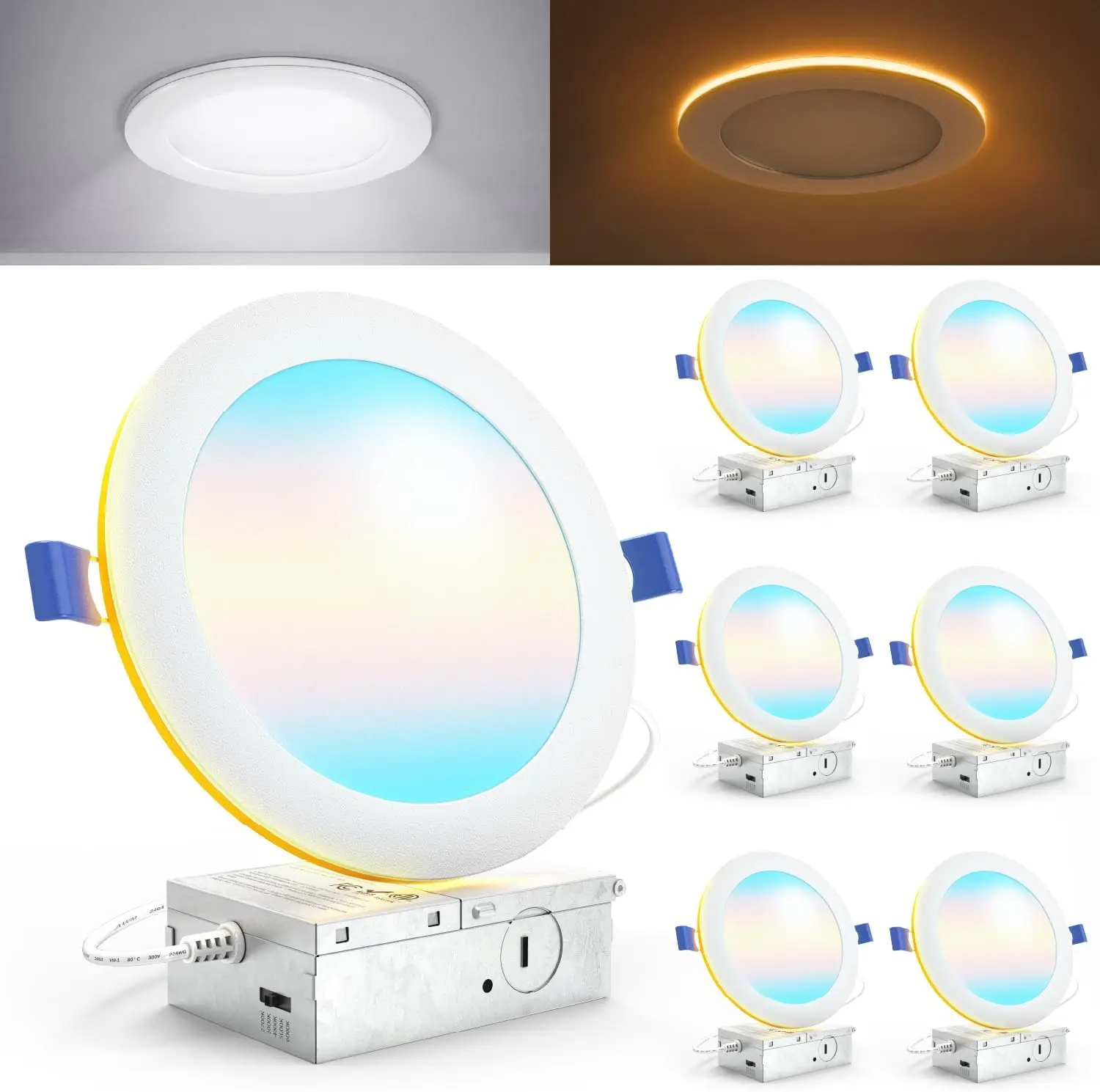

6 Pack Slim LED Recessed Lights with Night Light, 1500 Lumens, Dimmable, Selectable CCT 2700K-6000K, Canless Design