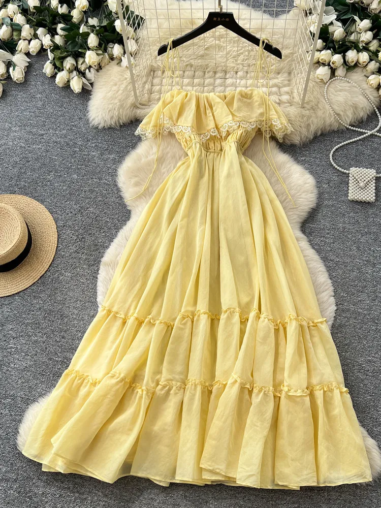 Korean Sweet Yellow Lace Camisole Dress Women Summer Fresh Off Shoulder Elastic Waist High Waist Tiered Ruffled Women Dress
