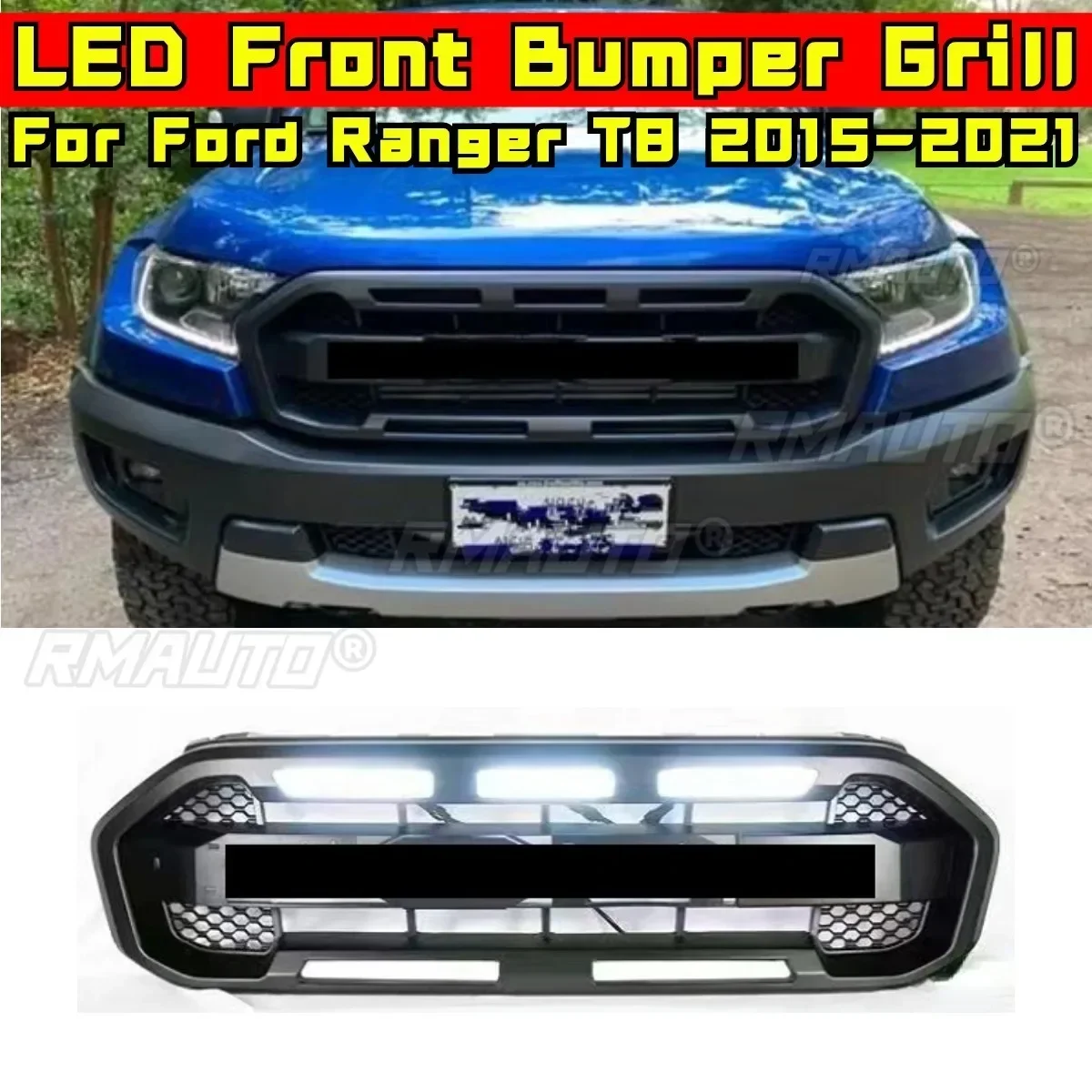 For Ford Ranger T8 2015-2021 Body Kit Car Bumper Grill LED Racing Grills Front Grille LED Front Bumper Grill Modification Part