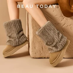 BEAUTODAY Fluffy Snow Boots Women Cow Suede Round Toe Winter Fashion Platform Mink-like Fur Retro Mid-calf Boots Handmade 08305