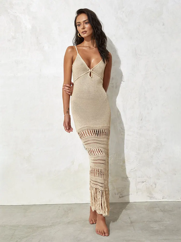 Sexy Strap V-neck White Crochet Hollow Out Lace-up Fringed Tunic Swimsuit Cover-ups Summer Mesh Strappy Beach Slip Dress A2312