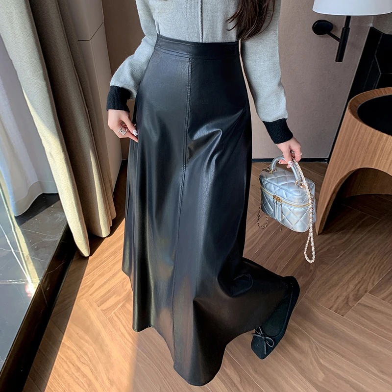 Schwarzer Rock aus PU-Leder für Damen, 2025, luxuriöse Herbst-Winter-Kleidung, hohe Taille, A-Linie, ausgestellter Rock, Vintage, schlanke lange Röcke für Damen