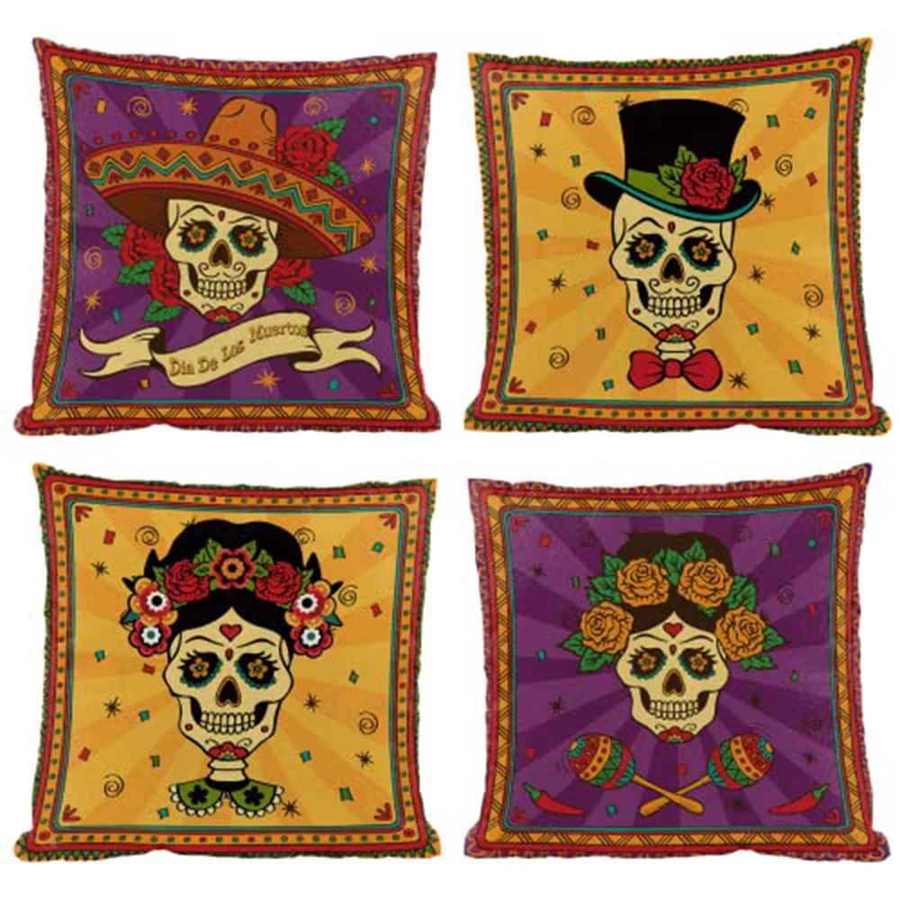 

Dia De Los Muertos Sugar Skull Flower Throw Pillow CoversSet of 4 Day of The Dead Deocr Pillow Case Mexican Fiesta Decoration