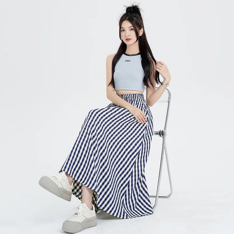 Plaid Traf Mid-length Skirt Faldas Women High Waist A Line Skirt Jupe Extra Longues Femme Streetwear Loose Skirts New