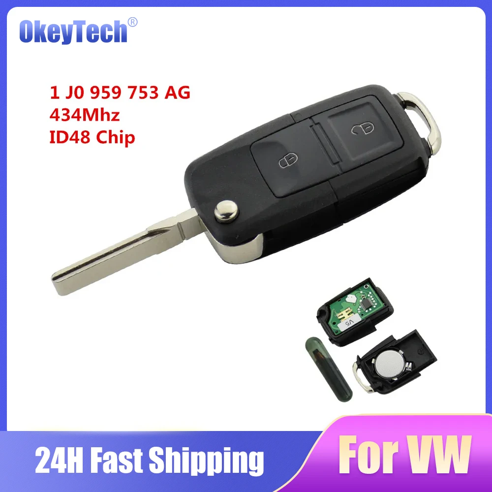 

Okeytech 2 Button Remote Key Flip Folding 434Mhz ID48 Transponder Chip For VW Golf 4 5 Passat b5 b6 polo Touran 1 JO 959 753 AG