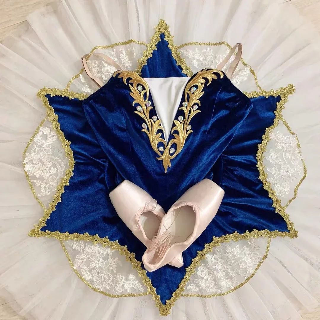 Professional Ballet Dance Tutu Blue Velvet Bodice with Pancake Tutu Skirt Girls & Women Ballerina Tutus