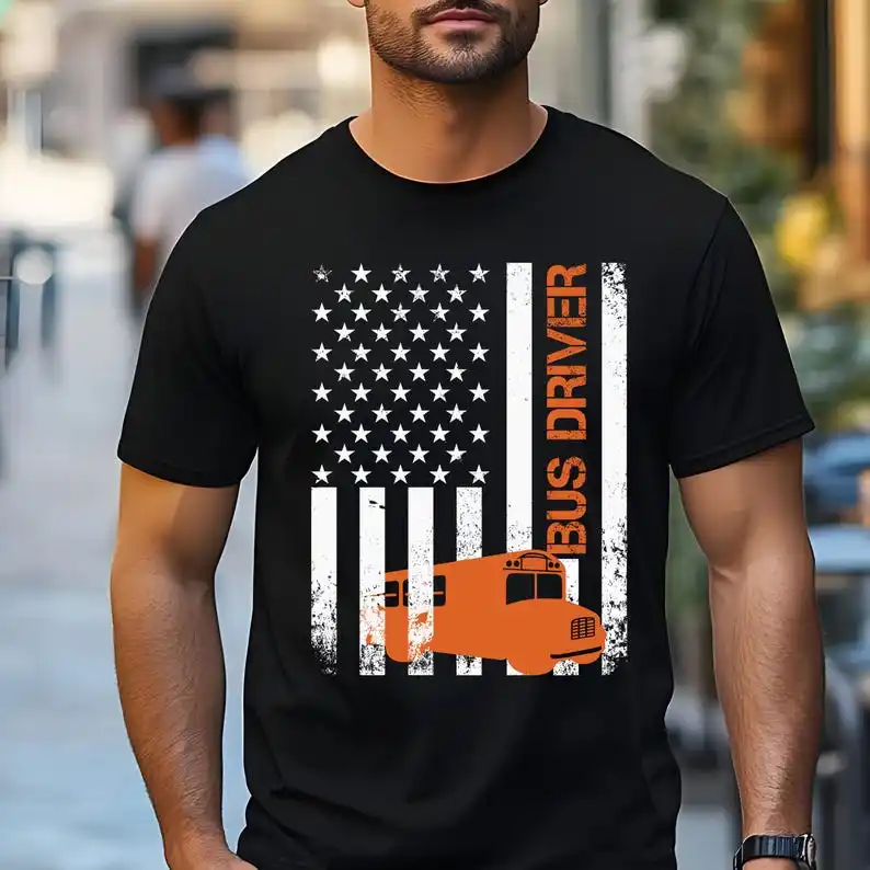 

American Flag Bus Driver T-Shirt - Patriotic School Bus Driver Gift Tee