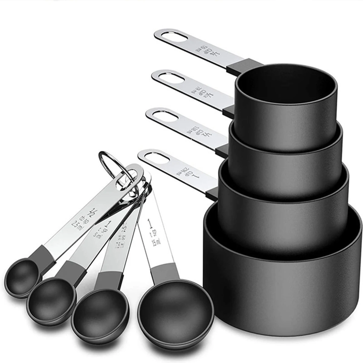 Conjunto de 4/8 Peças: Copos e Colheres Medidoras de Aço Inoxidável com Escala para Cozinha e Confeitaria Doméstica