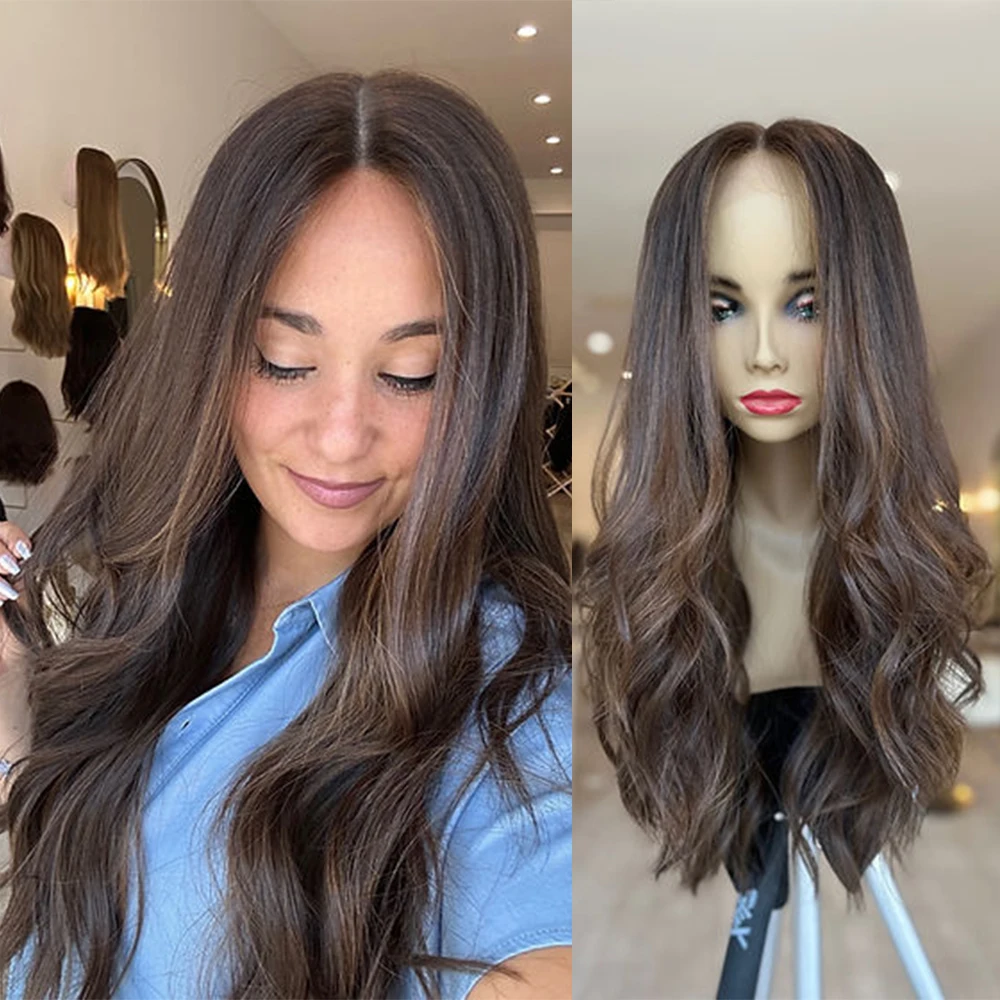 

Long Body Wave Chocolate Light Brown Synthetic Lace Front Wig Glueless Wig Heat Resistant Fiber Wig for Woman Daily Wear 24inch