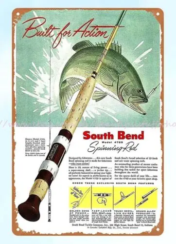 decor store 1956 SOIUTH BEND Spinning Rod LARGEMOUTH BASS fishing metal tin sign