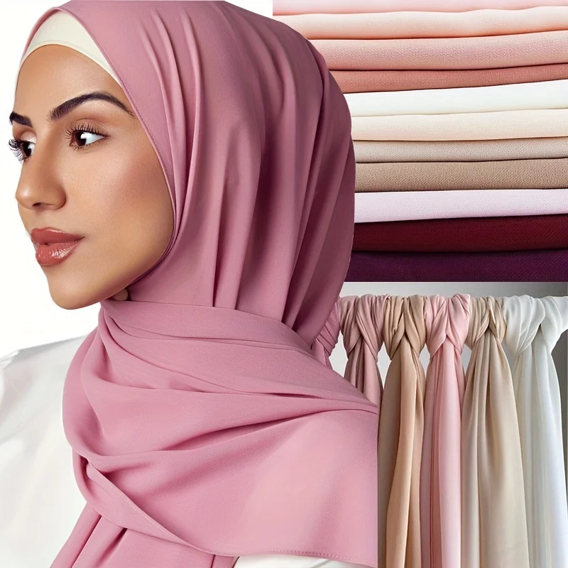 Lenço Chiffon Hijab monocromático muçulmano para mulheres, xales longos Ramadã, turbante de cabeça, envoltório clássico da cabeça, bandana, moda