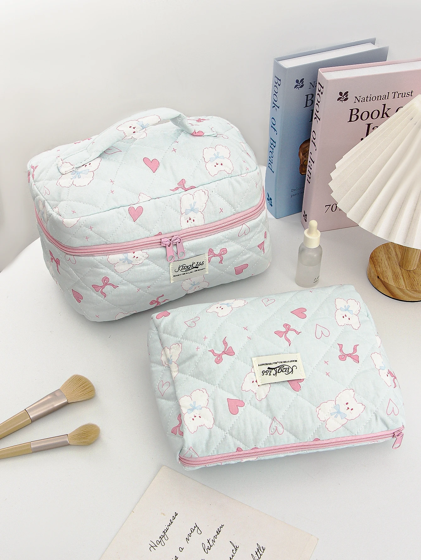 1pc/set Bunny Cherry Quilted Makeup Bag, Cute Portable Makeup Bag, Makeup Storage Bag, Multifunctional Makeup Bag