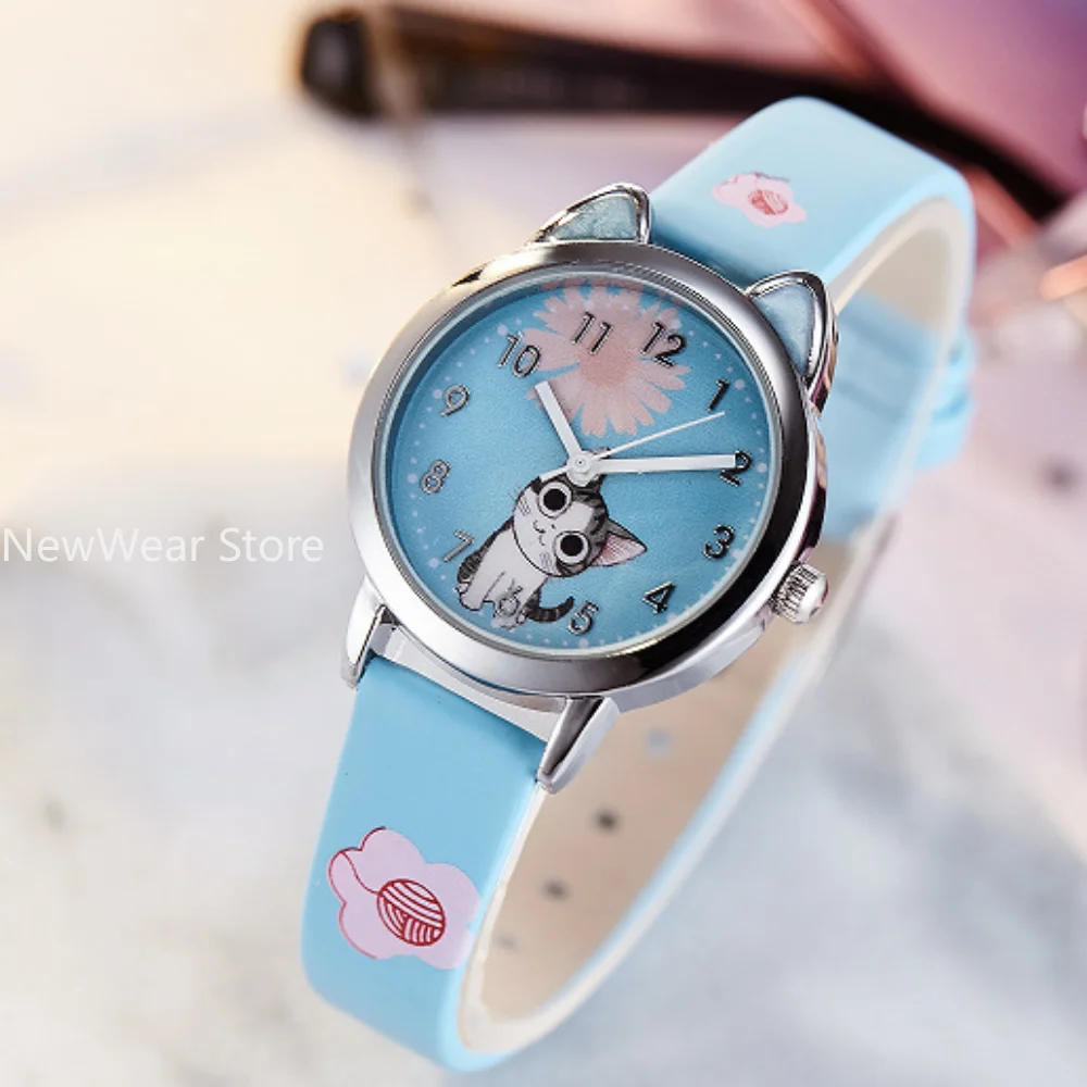 Cute Cheese Cat Pattern Kids Watches Girls Quartz Analog Child Watches for Women Student Clock Gift Relogio Feminino