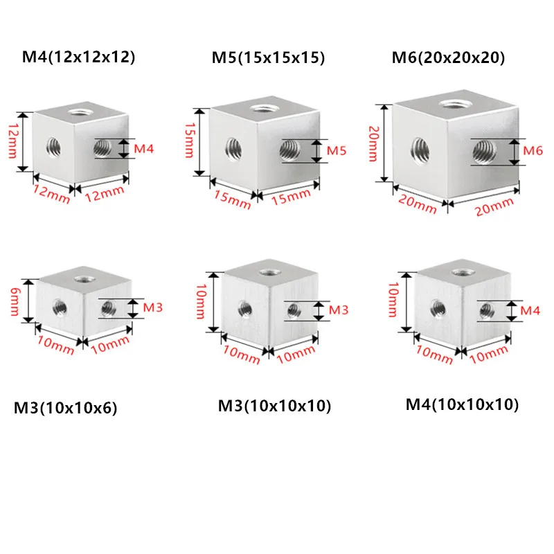 6-Sided M3 M4 M5 M6 Screw Holes Nut Block Aluminum Alloy Locking Connection Square Nut Bracket Fixing Thread Plate Block Cube