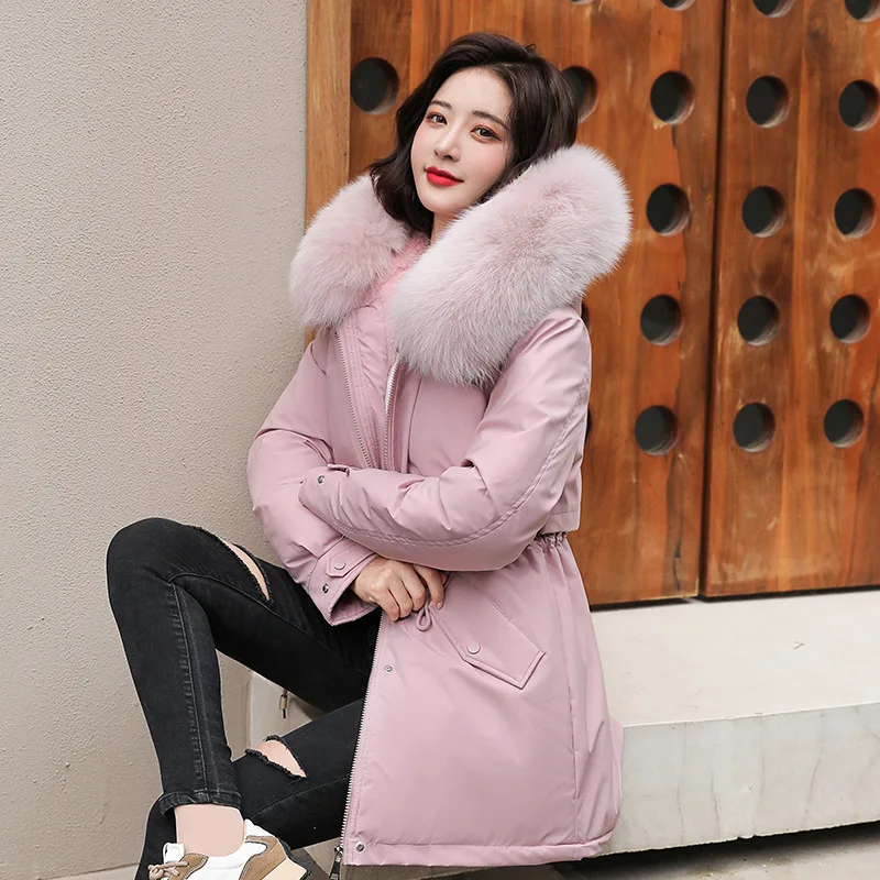 Women Parka Fashion  2023 Winter Jacket Slim with Fur Collar Warm Snow Wear Padded Clothes Long Coat Wool Liner Hooded Parkas