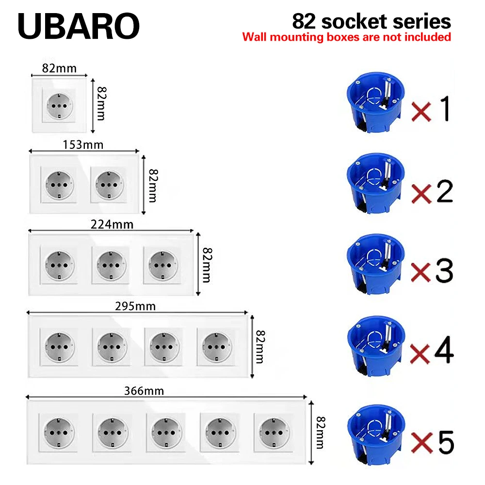 UBARO EU Wall Single Socket 82mm With White Black Grey Crystal Tempered Glass Panel Electrical Outlet 110-250V 16A Plug For Home