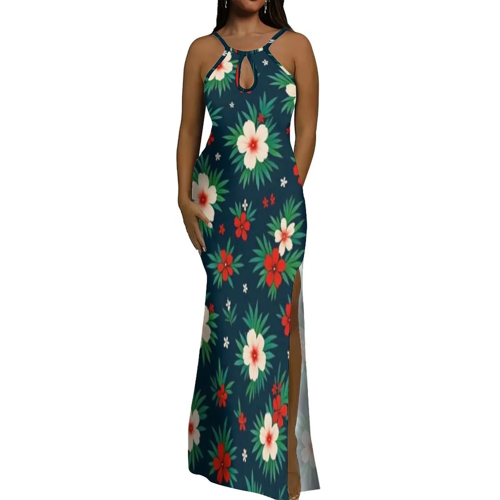 Vestido largo hasta el suelo con forma de gota de agua y cuello Halter para mujer polinesia, vestido de noche con patrón Floral hecho a medida, impresionante vestido de verano