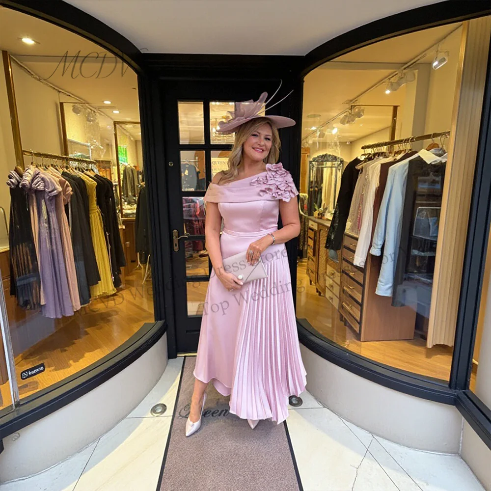 

Elegant Satin Mother Of The Bride Dresses 2026 Off Shoulder Flowers Pleat A Line Wedding Guest Dresses Customized Evening Dress