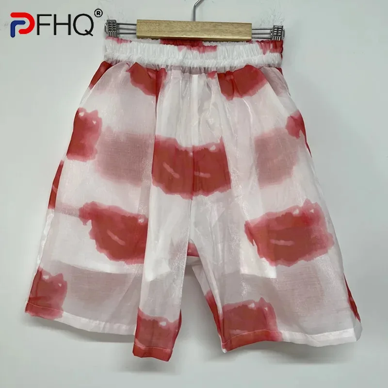 PFHQ Mottled Ink Print Organza Male Shorts Chic Thin Summer Luxury Breathable Perspective Loose Sun Protection Pants New 21Z4761