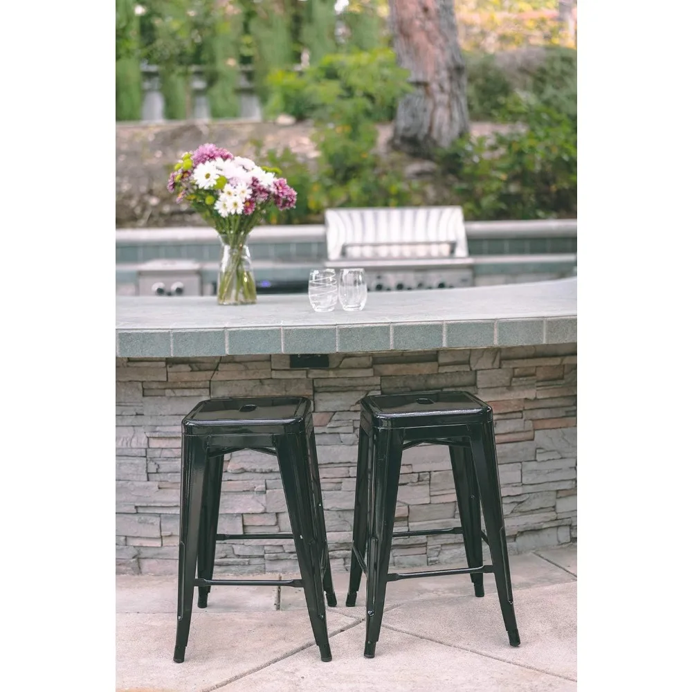24 Inch Metal Bar Stools Set of 2, Stackable for Indoor Outdoor, Black