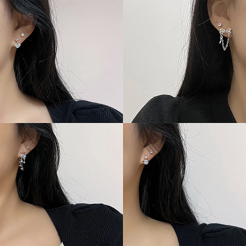 6Pcs/set Y2K Bowknot Heart Zircon Stud Earrings For Women Girls Trendy Star Moon Piercing Earrings Sweet Cool Jewelry Party Gift image 2