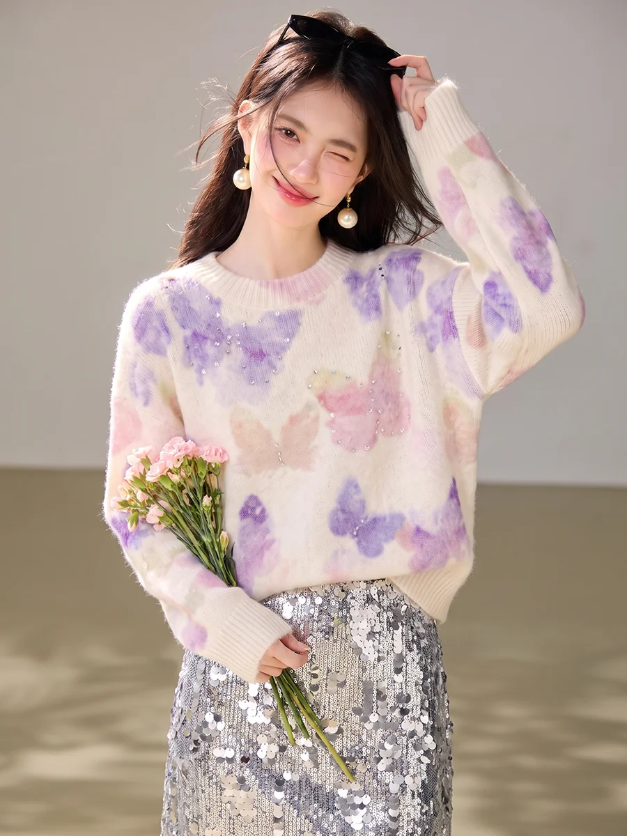 Women's Gradient Butterfly Jacquard Beaded Relaxed-Fit Sweater New Fall/Winter Gentle and Elegant Beaded Knitted Tops
