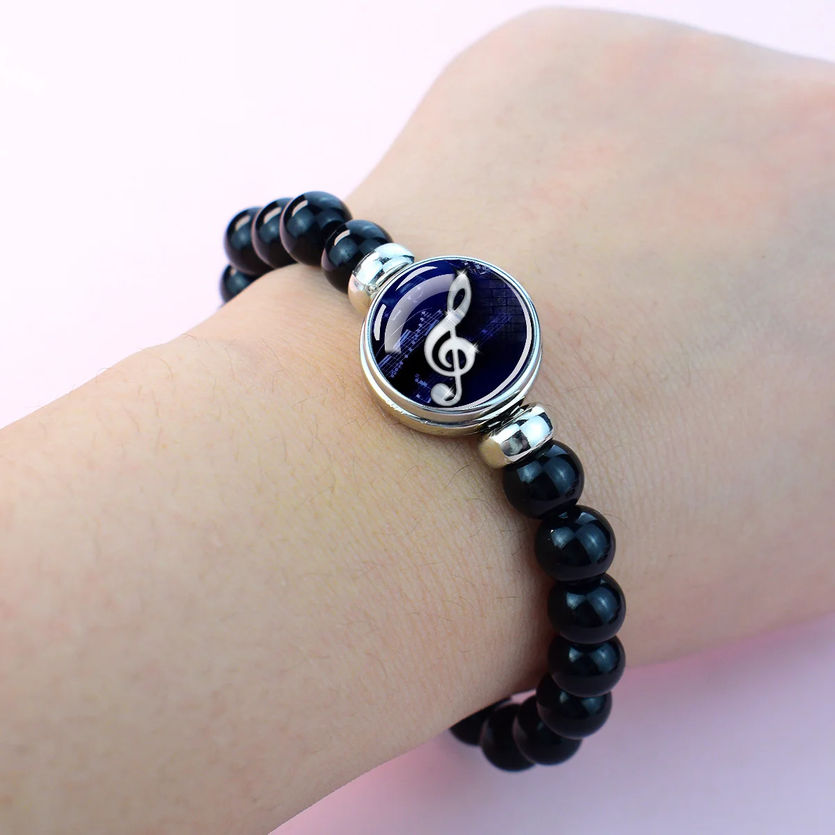 1PC Treble Clef Music Note Black Beaded Stretch Bracelet,  Music Lover Jewelry Gift for Musicians