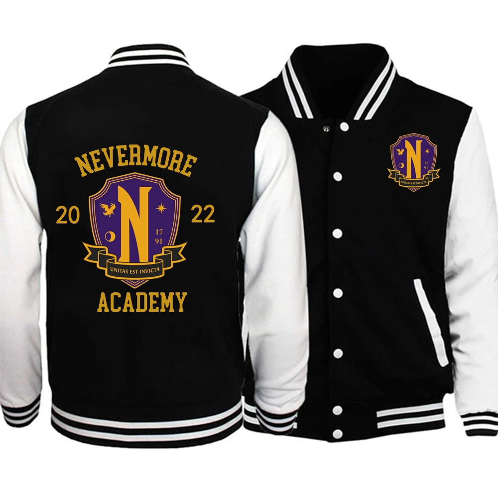 Mercoledì Nevermore Academy Felpa Giacca di Halloween Stampa Uniforme da baseball Cappotto in pile Felpa