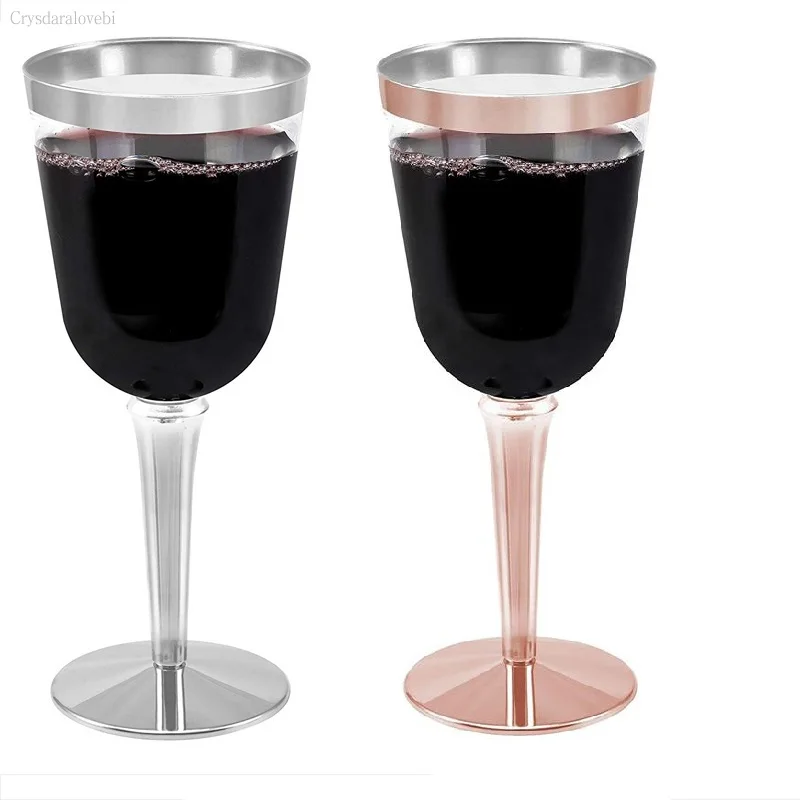 Copas de vino de plástico duro transparente de 25 piezas-50 piezas, Copas de agua desechables con borde de oro rosa, vajilla de plata para fiesta de boda, 8OZ