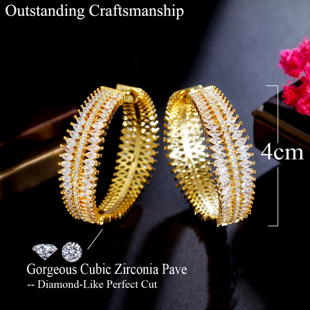 BeaQueen Gorgeous Women Wedding Party Jewelry Shiny Cubic Zirconia Pave Round Big Wide Brazilian High Quality Hoop Earrings E526