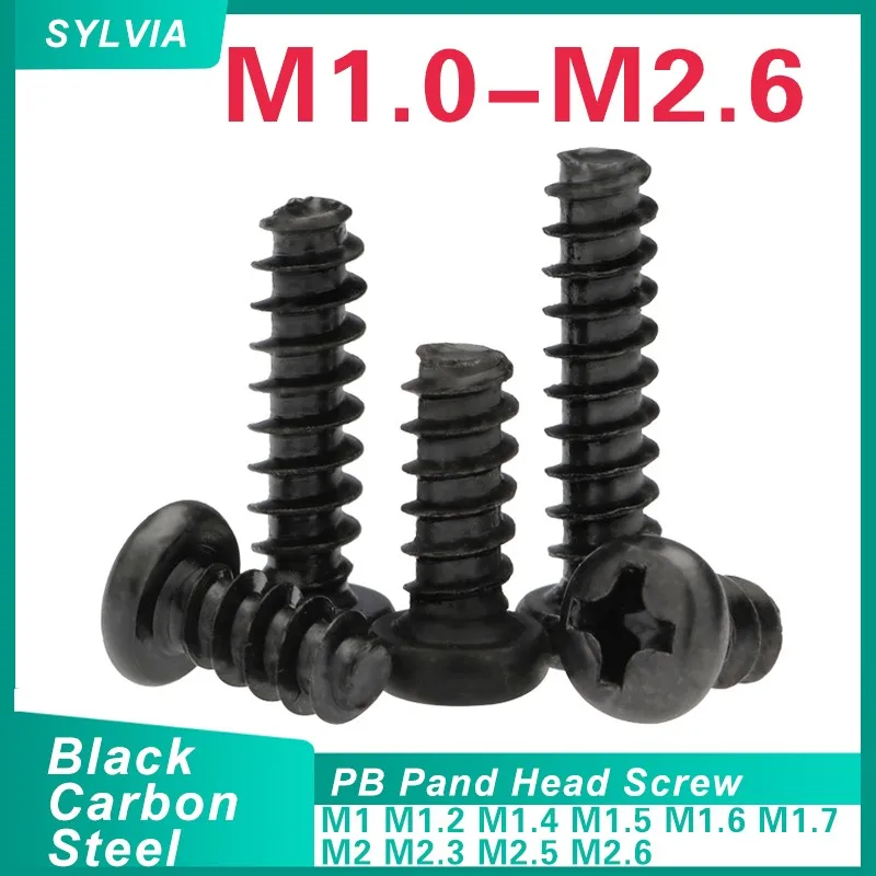 500/ 200/ 100pcs  M1 M1.2 M1.4 M1.5 M1.6 M1.7 M2 M2.3 M2.6 PB Pan Head Black Electronic Micro Screws Phillips Self-tapping Screw