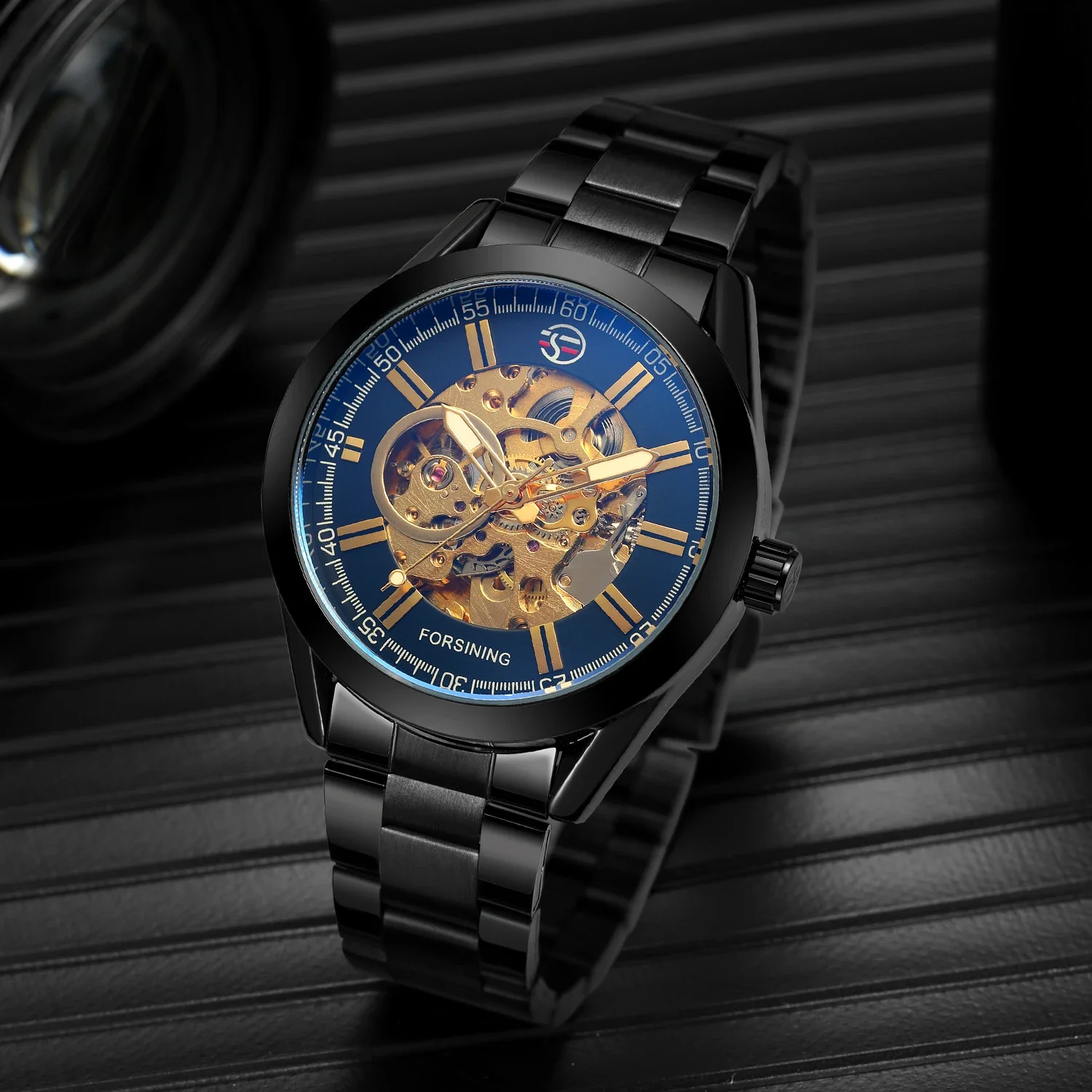 Fashion Retro Cowboy Design Black Stainless Steel Band Luminous Hands Mechanical Mens Watch Luxury Automatic Wrist Watch Clock