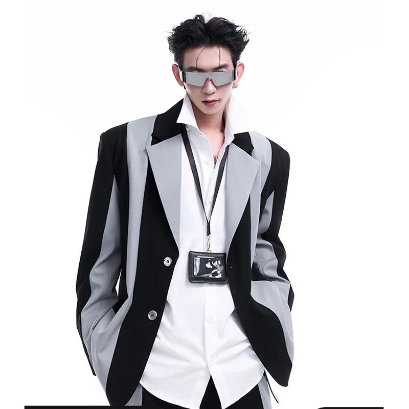 FEWQ Structural Design Shoulder Pads Silhouette Suit Jacket Men Autumn Winter Contrast Color Patchwork Male Tops Fashion 24E1751